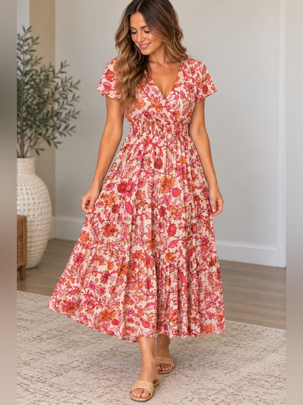 Knox Rose Floral Boho Midi Dress Pink Orange Size M